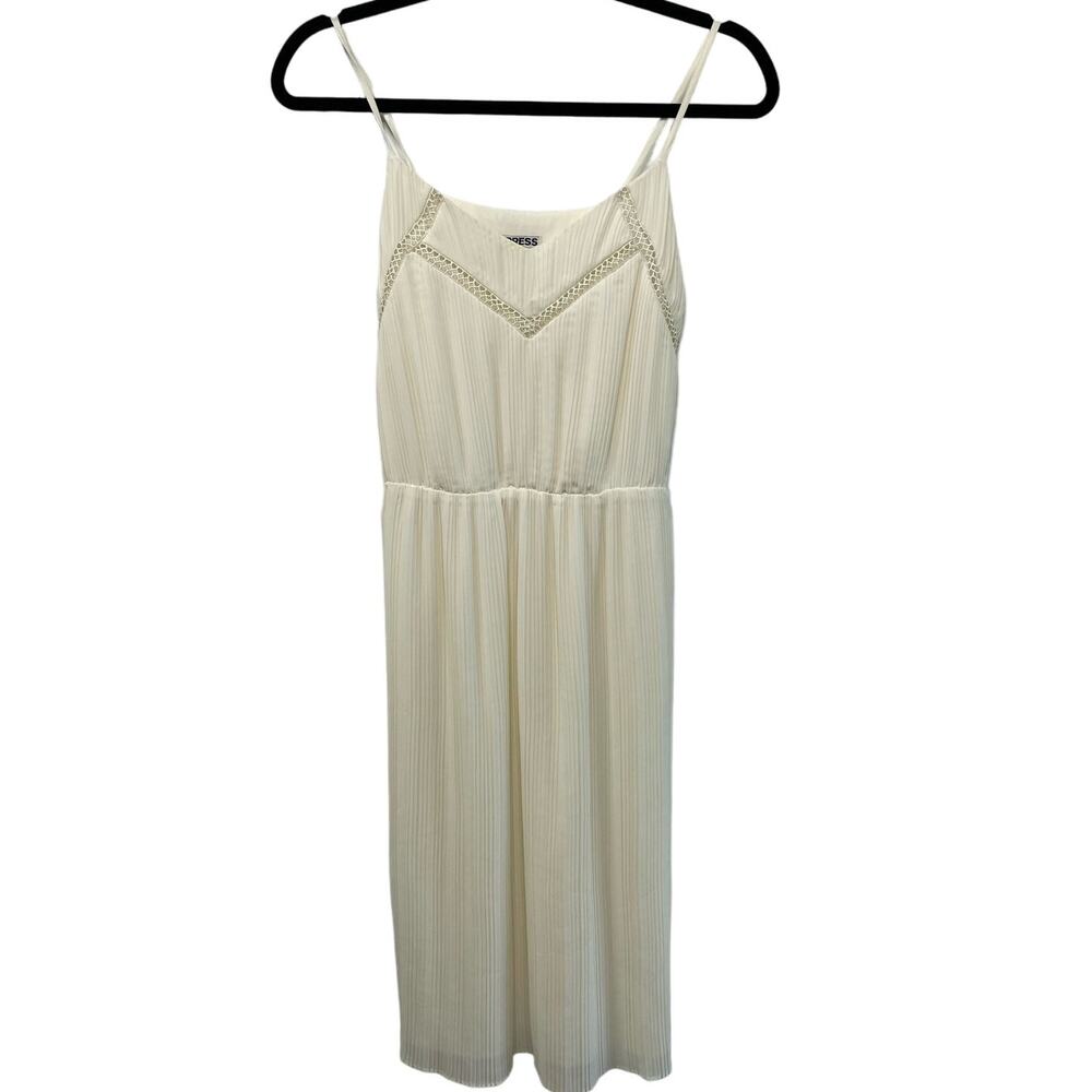 Express Knee Length Pleated Blouson Dress Sleeveless V-Neck White Womens Size XS